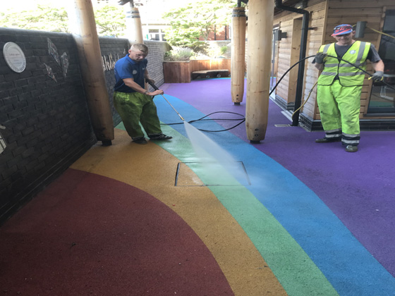 Wet pour safety surface cleaned
